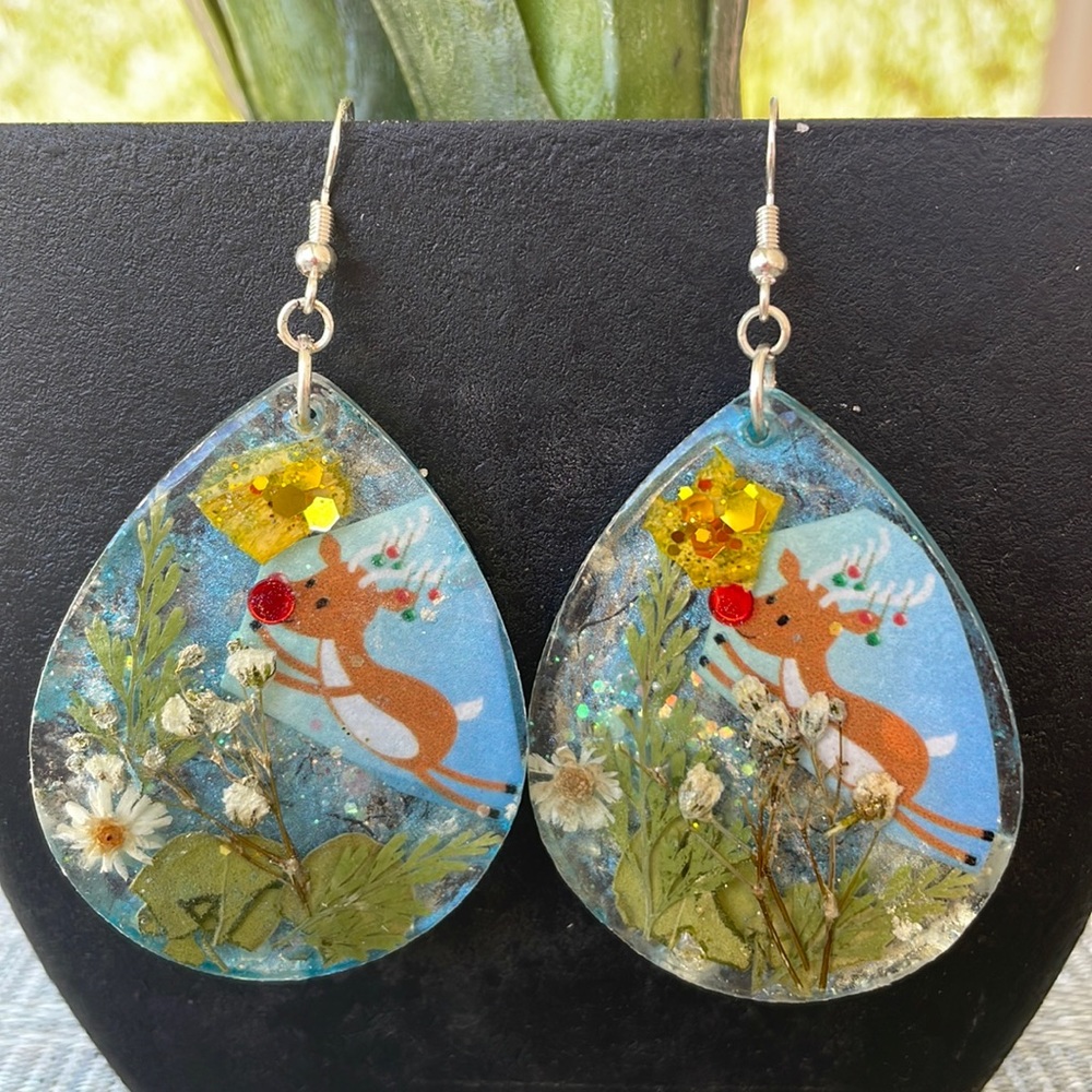 Festive Handmade Pressed Flower Large Holiday Earrings Blue Rudolph Teardrop